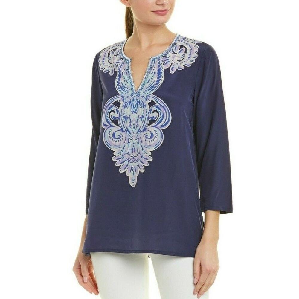 Lilly Pulitzer Renato‎ Pineapple Dinner Tunic Navy Blue Silk Beaded Small Boho